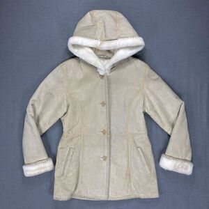 WILSONS LEATHER Winter Coat Sz S Tan Suede Leather Hooded Faux Fur Lined Jacket